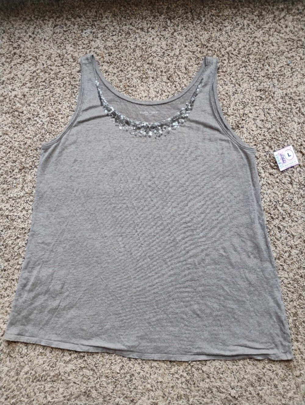 NEW Eileen Fisher 100% Linen Sequined Scoop Neck Tank Top Blouse Taupe L